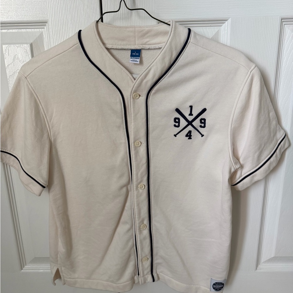 Old Navy Men's Cream Button-Up Baseball Jersey with Navy Piping